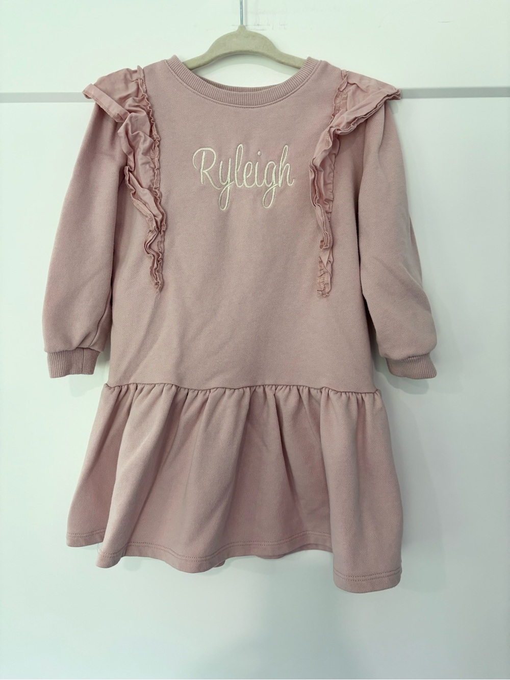 H&M Pink Ruffle Sweatshirt Dress Embroidered “Ryleigh” Size 3/4T